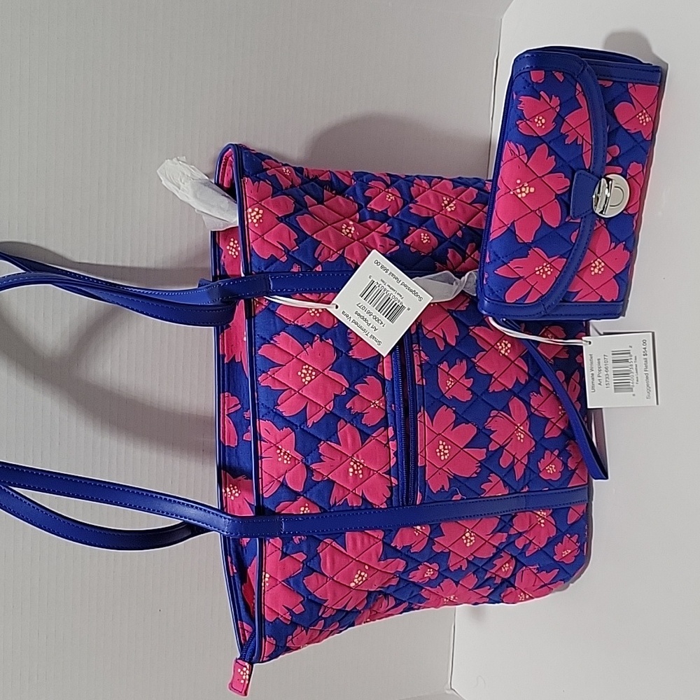 Vera Bradley Small Trimmed Vera Tote and Ultimate wristlet Art Poppies NWT